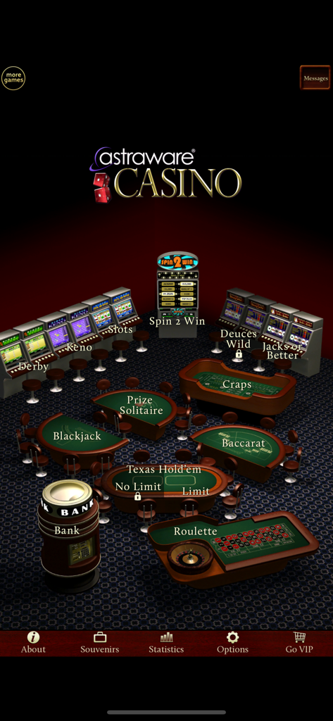 Astraware Casino - A virtual casino lobby in Astraware Casino featuring different game tables and slot machines