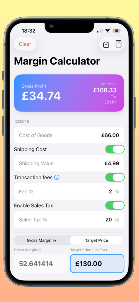 Markup, Margin & Profit Calc - Margin Calculator mobile app screen showing gross profit and target price calculations