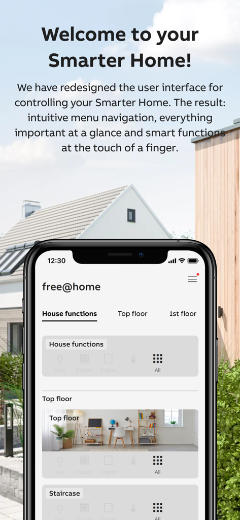 ABB-free@home® Next - Panel de control de la aplicación ABB-free@home Next en un iPhone mostrando controles inteligentes integrados para funciones y habitaciones de la casa
