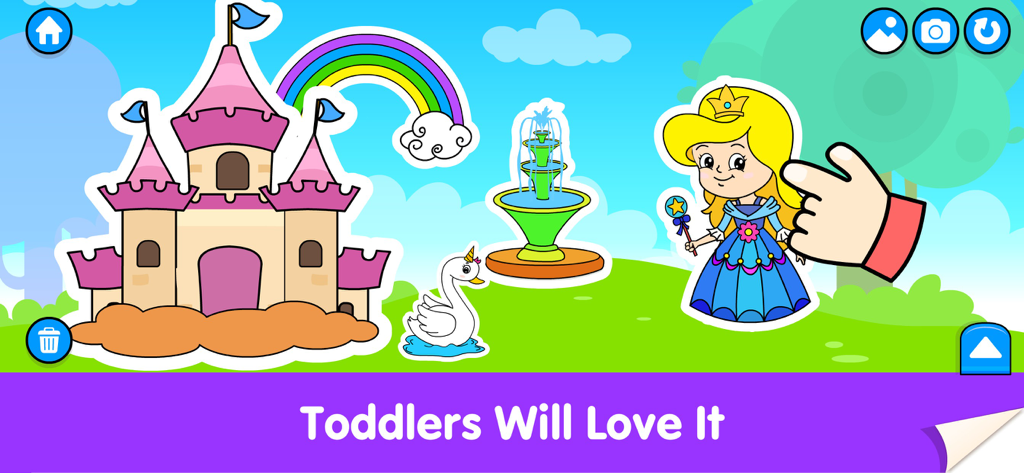 Gioco di adesivi digitali per bambini che mostra una scena con principessa e castello