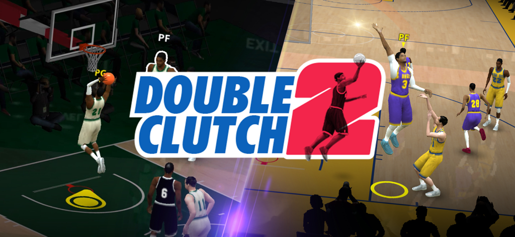 DoubleClutch 2 Basketball game logo with action shots of dunks and jump shots on a basketball court