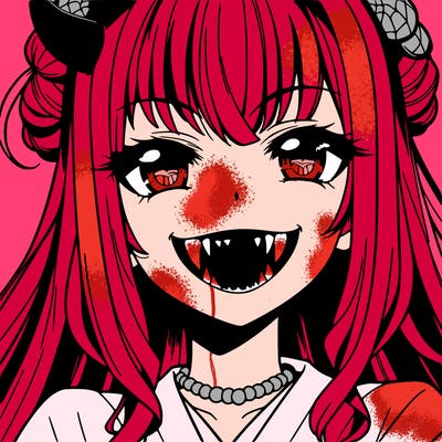 anime girl, vampire teeth,demon slayer themed, evil smile