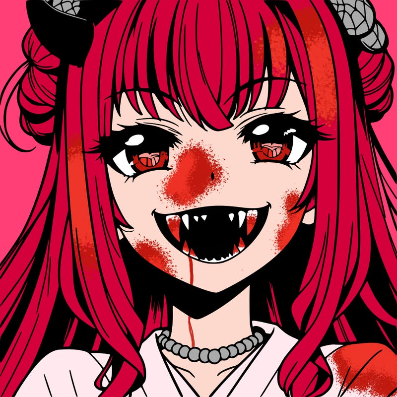 anime girl, vampire teeth,demon slayer themed, evil smile