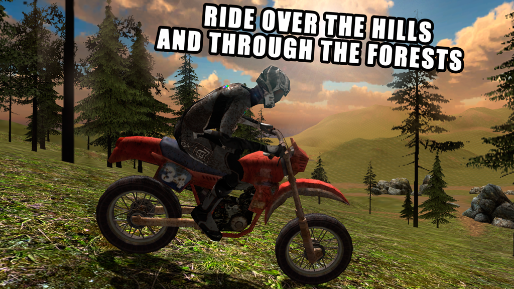 A 3D dirt bike rider racing through a mountain forest at sunset