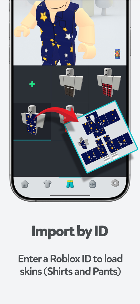 Interfaz de la aplicación ClothBlox que muestra la función de Importar por ID para camisas y pantalones de Roblox.