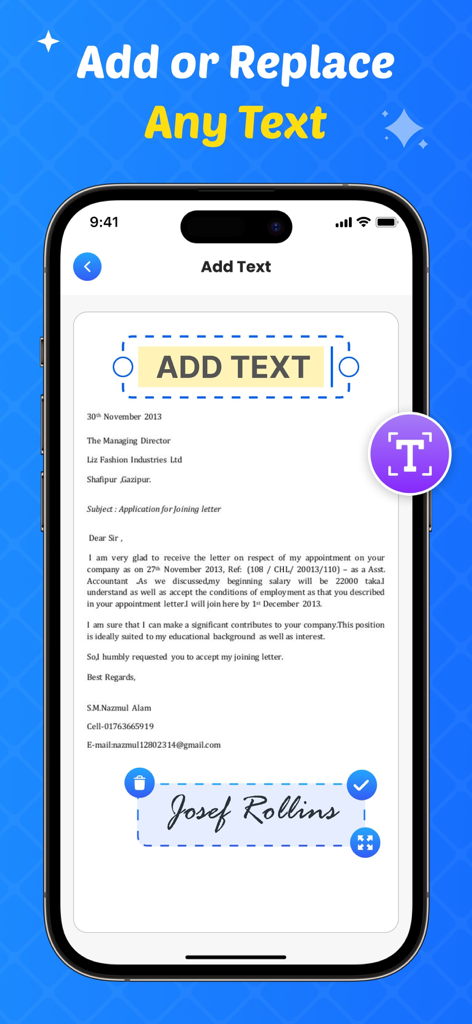 Smartphone screen showing the Add Text and signature feature on a digital document.