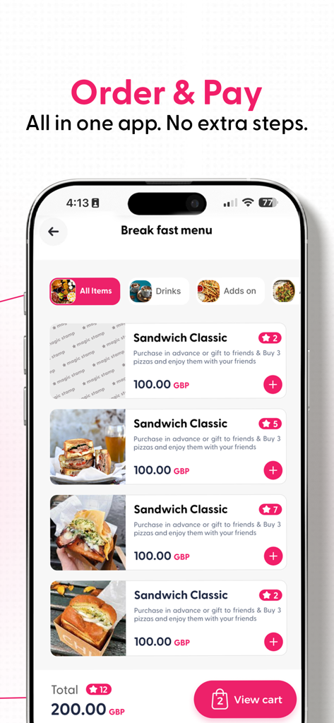 Magic Stamp app interface displaying a breakfast menu with sandwich options and an order and pay feature