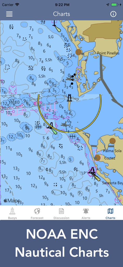 Marine Weather Forecast Pro - NOAA ENC nautical chart showing depth soundings and coastal navigation data