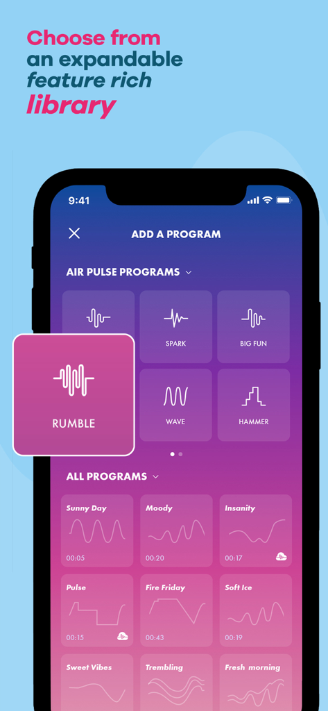 Satisfyer Connect app screen showing a library of air pulse and vibration programs