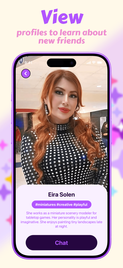 렉실 앱에서 Eira Solen이라는 AI 캐릭터의 프로필 페이지로, 그녀의 사진, 관심사, 채팅 버튼을 보여줍니다.