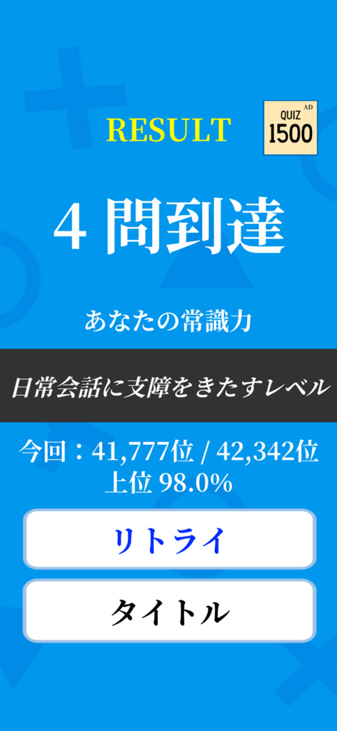 General Knowledge Quiz app result screen showing a score of 4 questions reached
