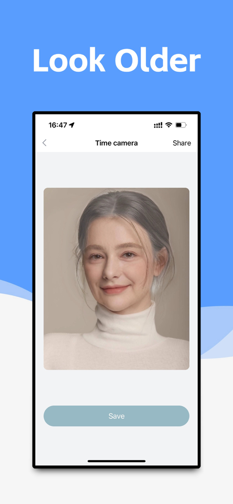 Face Editor - Cartoon Yourself - A mobile app screen showing the Time Camera aging filter that makes a woman look older