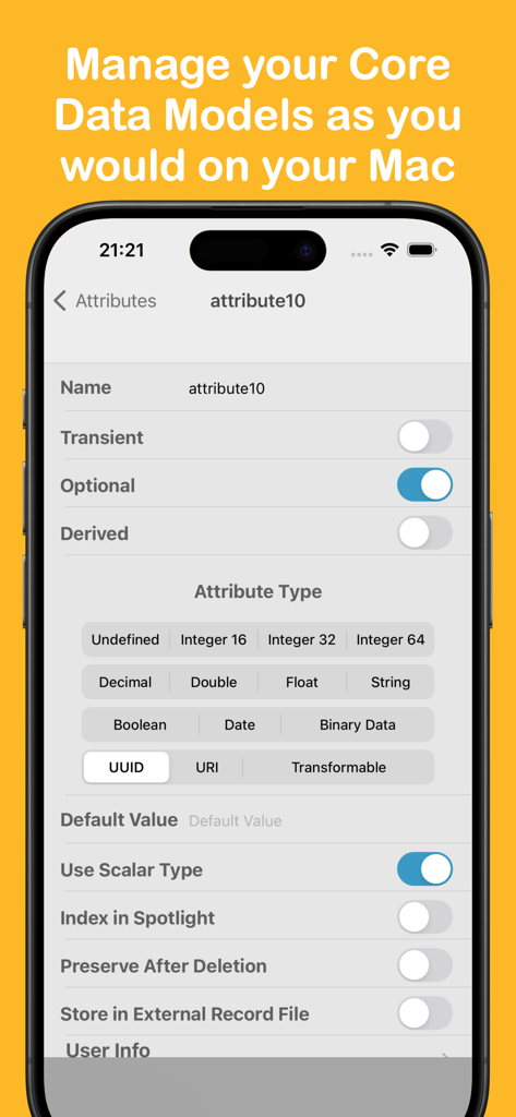 Core Data Manager - Interface pour gérer les propriétés et les types d'attributs Core Data sur un iPhone