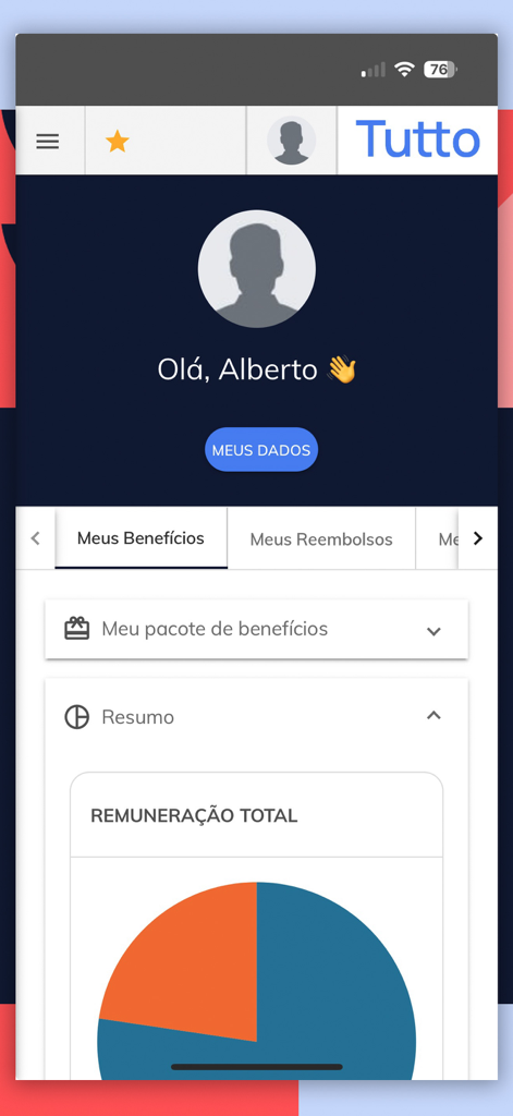 Plataforma Tutto - Aplicativo móvel Plataforma Tutto mostrando o painel de benefícios do funcionário com gráfico de remuneração total