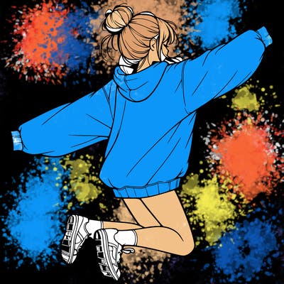 realistic girl jumping with a bun and oversized sweatshirt
