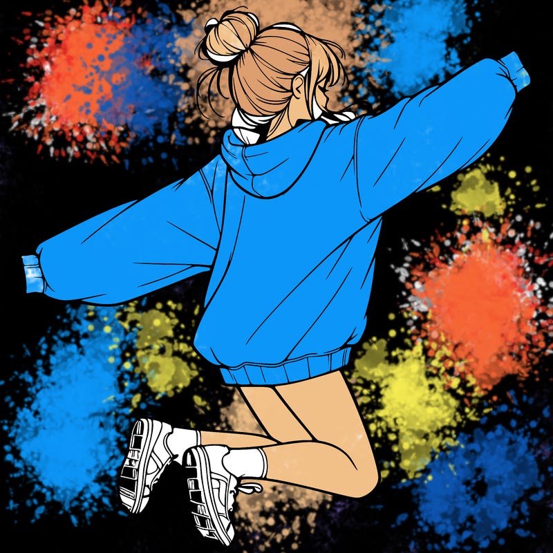 realistic girl jumping with a bun and oversized sweatshirt