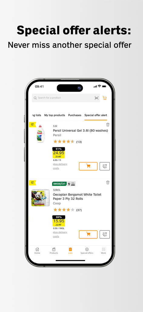 Ein Screenshot der Coop Supermarkt App, der den Bildschirm mit Benachrichtigungen über Sonderangebote zeigt, mit rabattierten Haushaltswaren und Waschmittel.