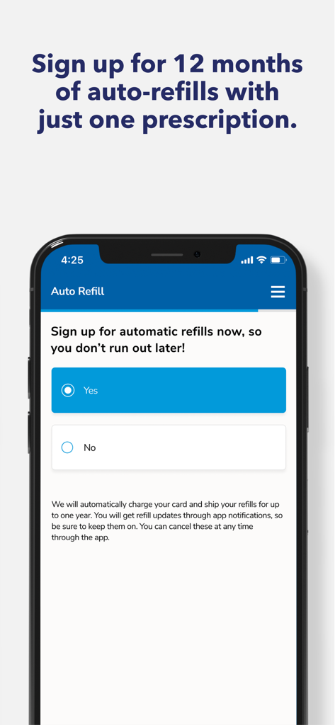 Tela do aplicativo Planned Parenthood Direct para configurar renovações automáticas de receitas