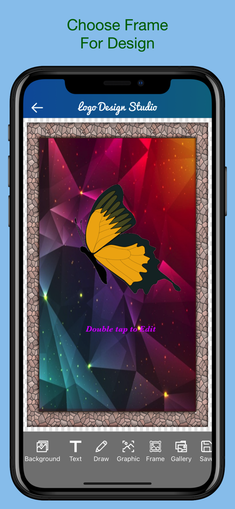 Logo Design Revo - A smartphone screen showing the Logo Design Revo app with a butterfly design and options to choose a frame.