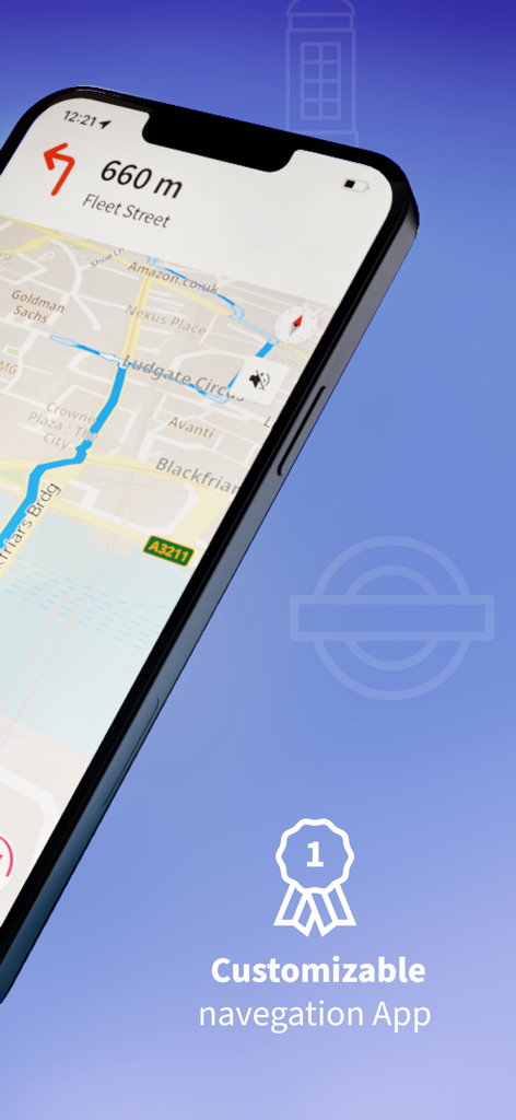 Sat Nav Maps, GPS & Traffic - Un smartphone mostrando una aplicación de navegación personalizable con mapas GPS e indicaciones giro a giro.