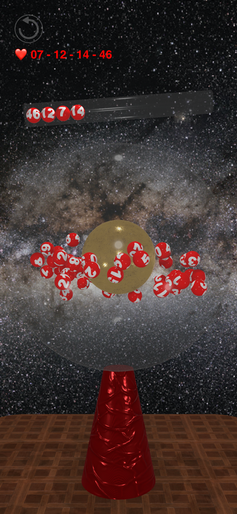 Lottery Wizard 3D - Simulación de máquina de lotería en 3D con bolas numeradas rojas en una esfera de vidrio contra un fondo de campo de estrellas