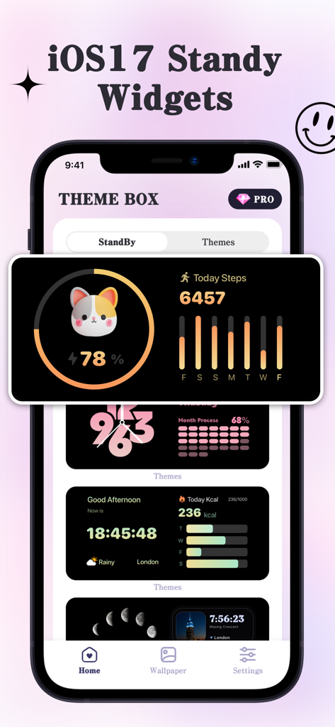 ThemeBox -Widgets,Themes,Icons - ThemeBox app showcasing various customizable iOS 17 StandBy mode widgets including step tracker and battery status
