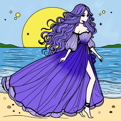 beautiful woman with a vaporous long dress walking on the beach at the noon, detailed art