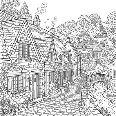 Step into a picturesque world with this detailed coloring page featuring charming stone cottages nestled in a serene village. Perfect for teens, this intricate design offers a delightful escape into a rustic landscape.