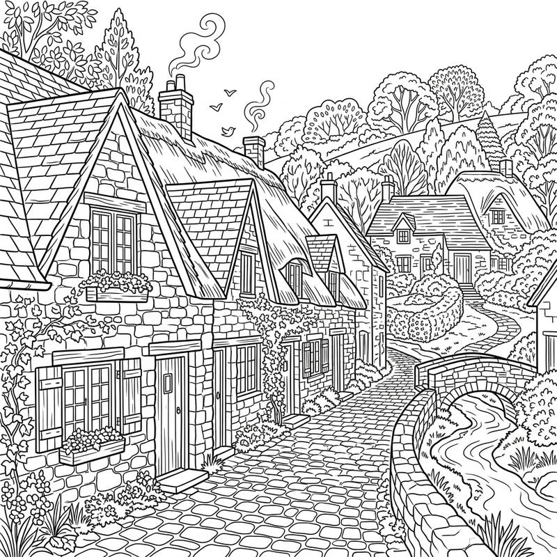 Step into a picturesque world with this detailed coloring page featuring charming stone cottages nestled in a serene village. Perfect for teens, this intricate design offers a delightful escape into a rustic landscape.