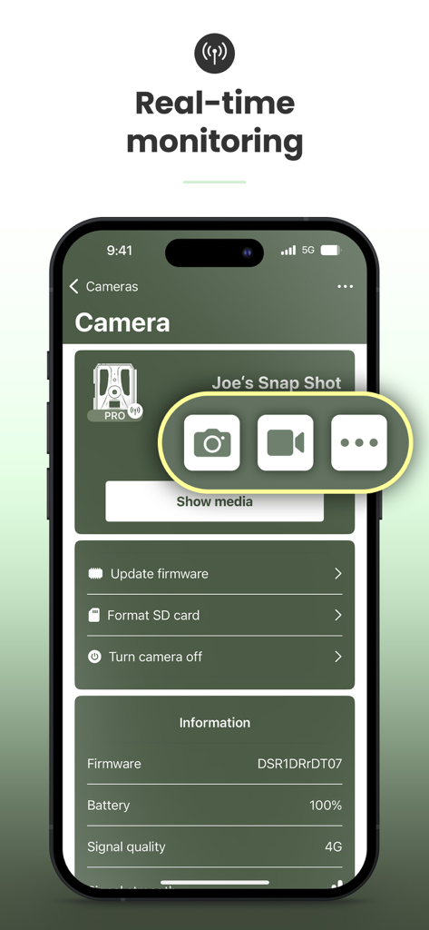 Dorr Cloud app interface showing real time monitoring and remote camera settings for a cellular trail camera