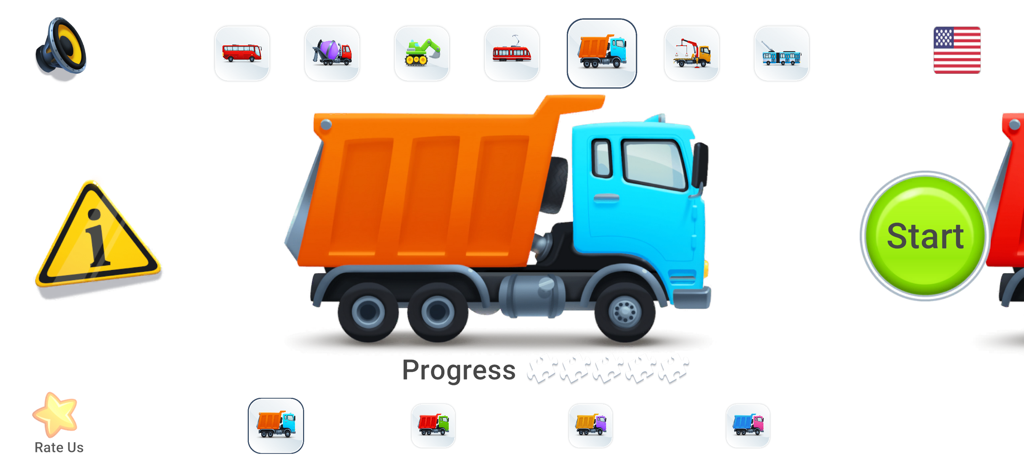 Menú principal del juego Puzzles de Coches con un gran camión volquete azul y naranja y iconos de selección de vehículos.