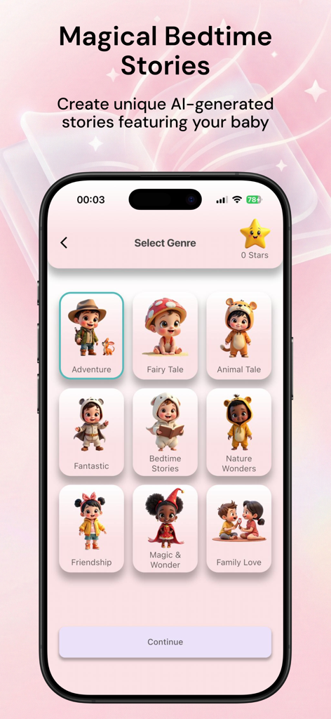 BabyNena: AI Baby Care - La interfaz de la aplicación BabyNena que muestra varios géneros de cuentos para dormir generados por IA para bebés.