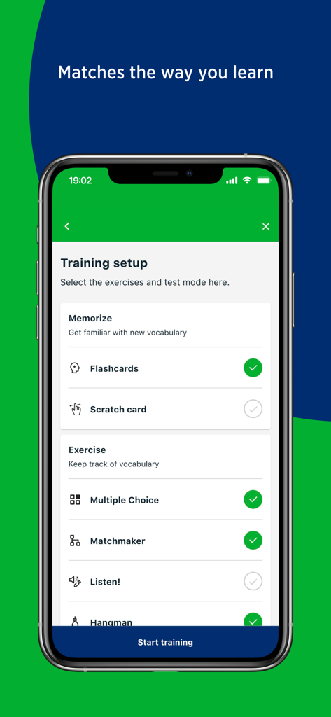 Mobile Benutzeroberfläche des PONS Vokabeltrainers mit anpassbaren Lernmodi wie Karteikarten und Multiple-Choice-Übungen.
