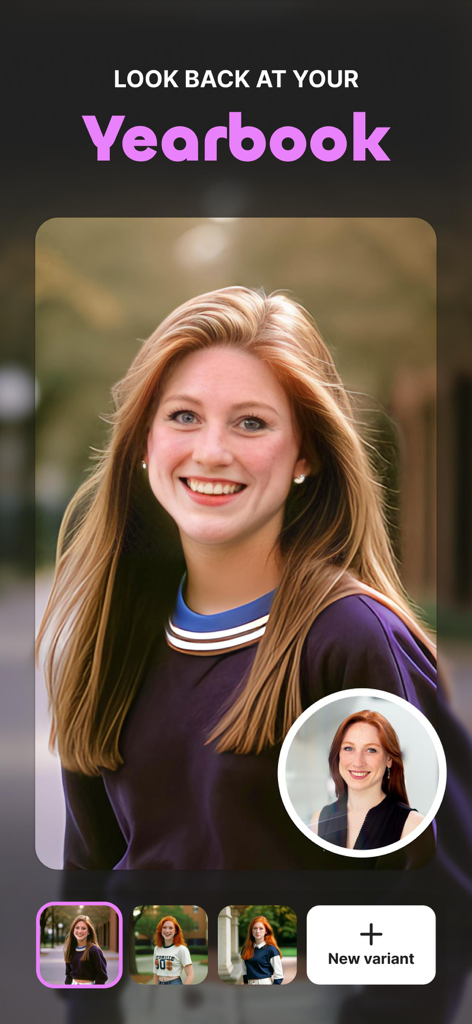 A young woman's portrait transformed into a 90s style yearbook photo using the PhotoLab AI editor.
