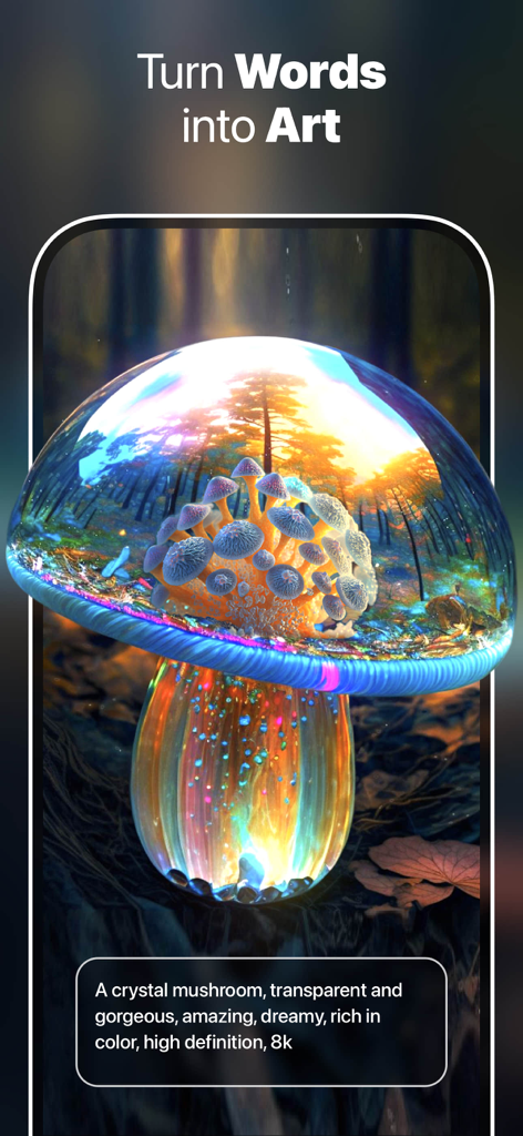 AI art generator screen showing a glowing crystal mushroom image created from a text prompt