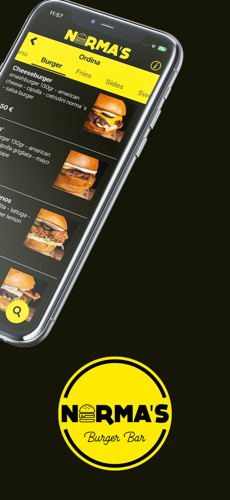 Pantalla de teléfono inteligente que muestra el menú de hamburguesas y categorías en la aplicación Norma's Burger Bar.