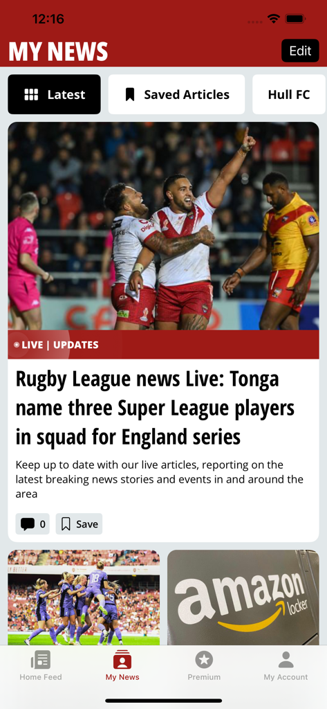 Hull Live app showing the My News section with a Rugby League news article featuring Tonga players.