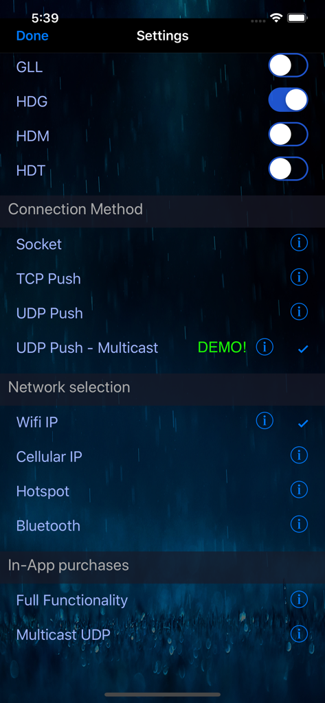 GPS 2 IP - Settings screen of the GPS 2 IP app showing NMEA message toggles, connection methods, and network selection options.