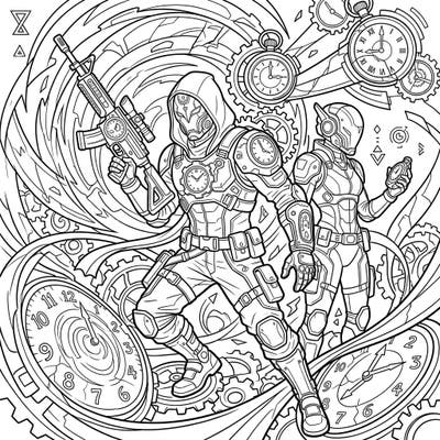 Step into a world where time is a weapon with this thrilling Temporal Mercenaries coloring page, featuring two elite agents amid a whirlwind of clocks and gears. This intricate design invites you to bring their high-stakes, time-bending missions to life with your vibrant imagination.