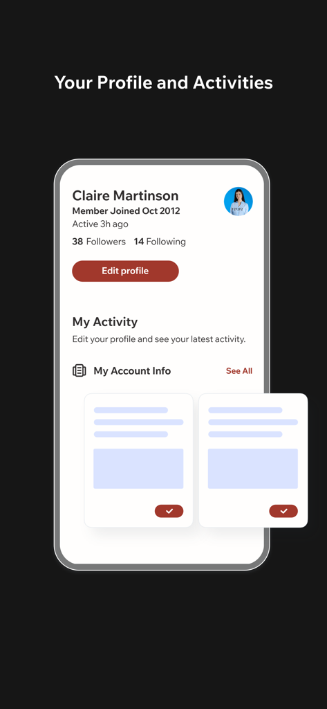 User profile and activity screen in the My Mega Foods app showing account details and followers.