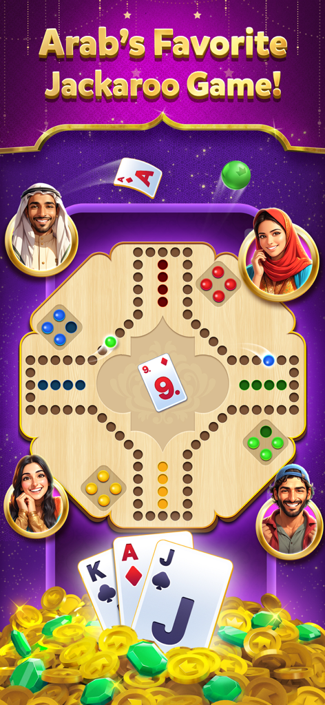 Jackaroo Star-Fastest Jackaroo - ジャカロー・スターのモバイルボードゲームインターフェイス。4人のプレイヤーアバターとトランプを備えたマルチプレイヤーモードを特徴としています
