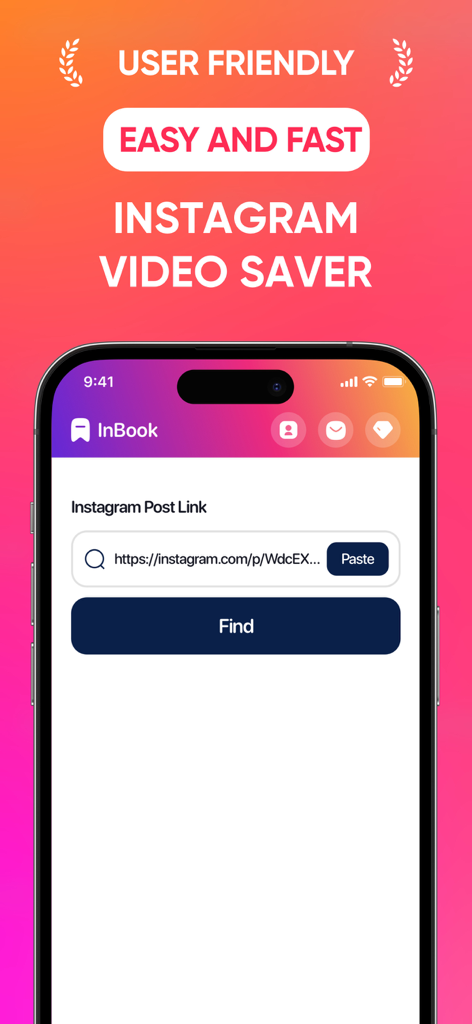 InstaGetモバイルアプリ画面、リンク貼り付けフィールドと検索ボタンを備えた簡単で高速なInstagram動画保存インターフェースを表示