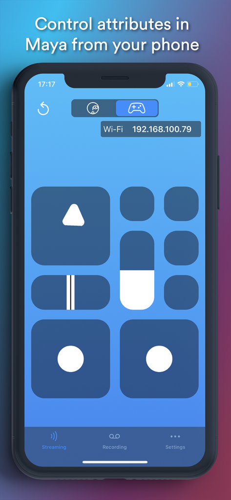Interfaz de la aplicación MocapX que muestra joysticks y deslizadores virtuales para controlar atributos en Autodesk Maya desde un teléfono.