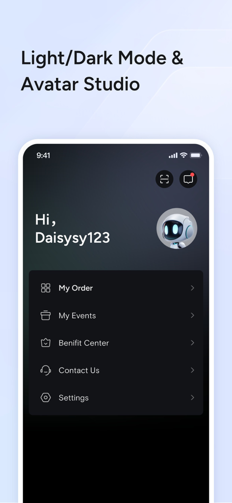 XPENG - XPENG app account profile interface in dark mode showing a robot avatar and navigation menu