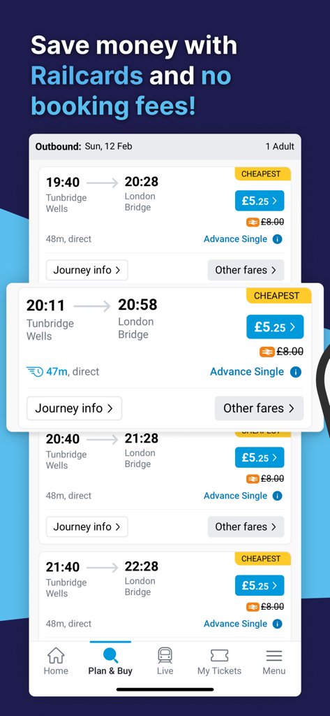 Southeastern: Train tickets - Southeastern 앱 화면, 레일카드 할인 시 저렴한 편도 요금과 기차 여정 시간 표시