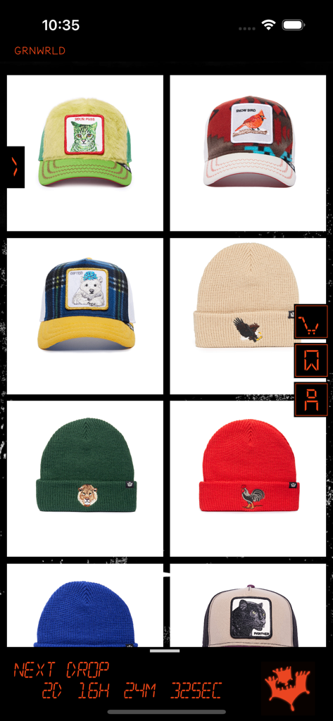 Goorin Drops - A mobile interface displaying a grid of various Goorin Bros trucker hats and beanies with a countdown timer for the next product drop.