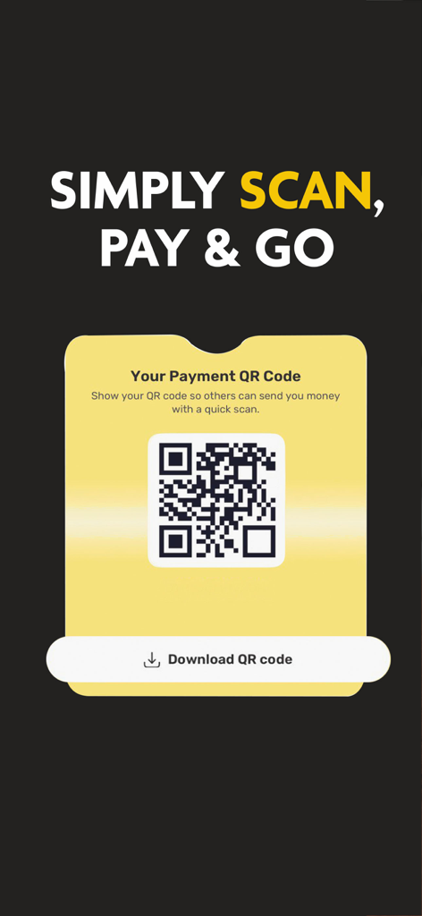 SuperQi app screenshot showing a payment QR code with the slogan simply scan pay and go.