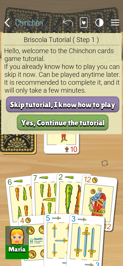 Chinchon cards - Captura de pantalla del juego móvil Chinchon cards mostrando una ventana emergente de tutorial y cartas de juego de baraja española