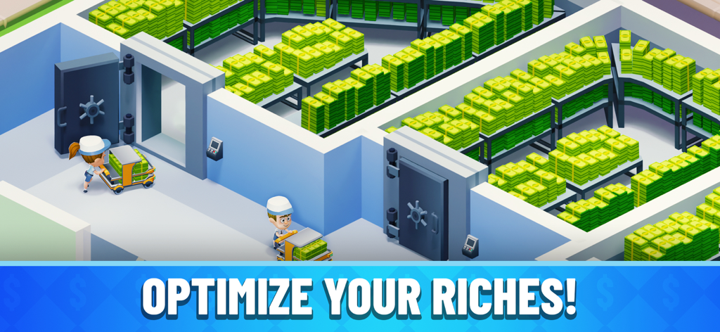Bank workers moving stacks of cash into large security vaults in Idle Bank Tycoon