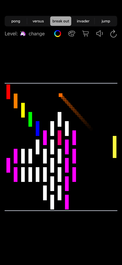 Gameplay of the Breakout mode in Ping Pong Watch Retro Game featuring a yellow paddle and colorful blocks